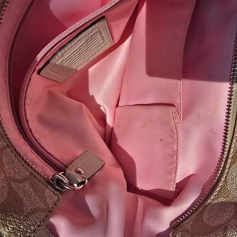 COACH Signature Stripe Tote Bag Beige Pink Canvas Leather Shoulder Purse - Picture 10 of 15